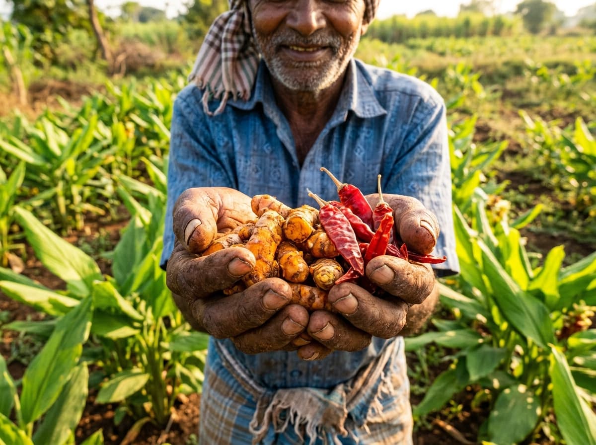 Indian farmer holding raw golden turmeric and red chillies